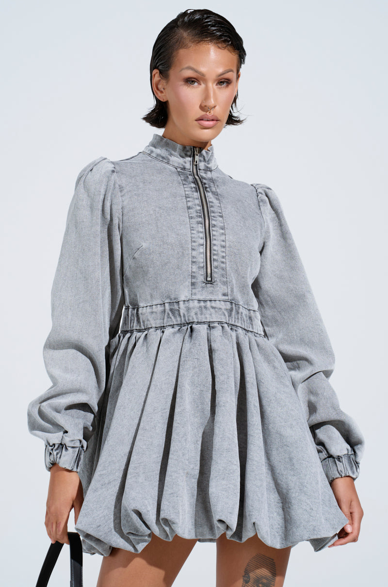 PASS THE BUBBLY DENIM MINI DRESS IN LIGHT GREY