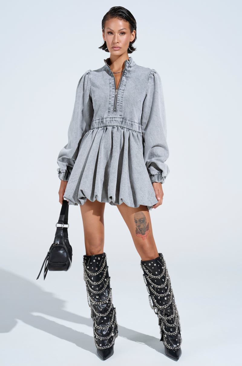 PASS THE BUBBLY DENIM MINI DRESS IN LIGHT GREY
