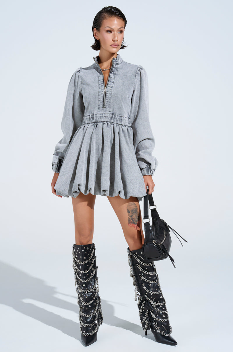 PASS THE BUBBLY DENIM MINI DRESS IN LIGHT GREY