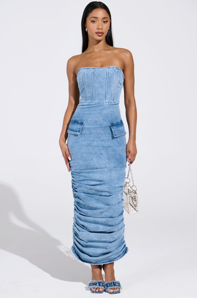 ASH STRAPLESS MAXI DRESS IN DENIM