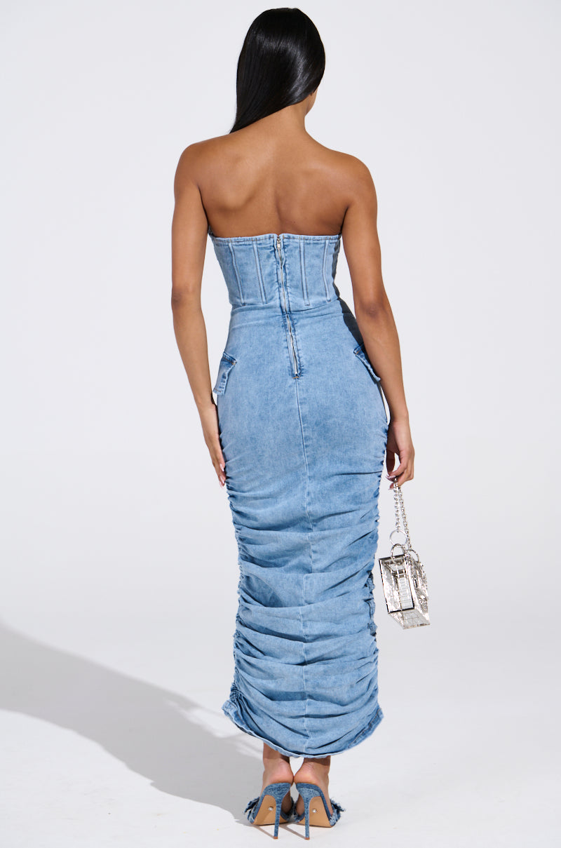 ASH STRAPLESS MAXI DRESS IN DENIM