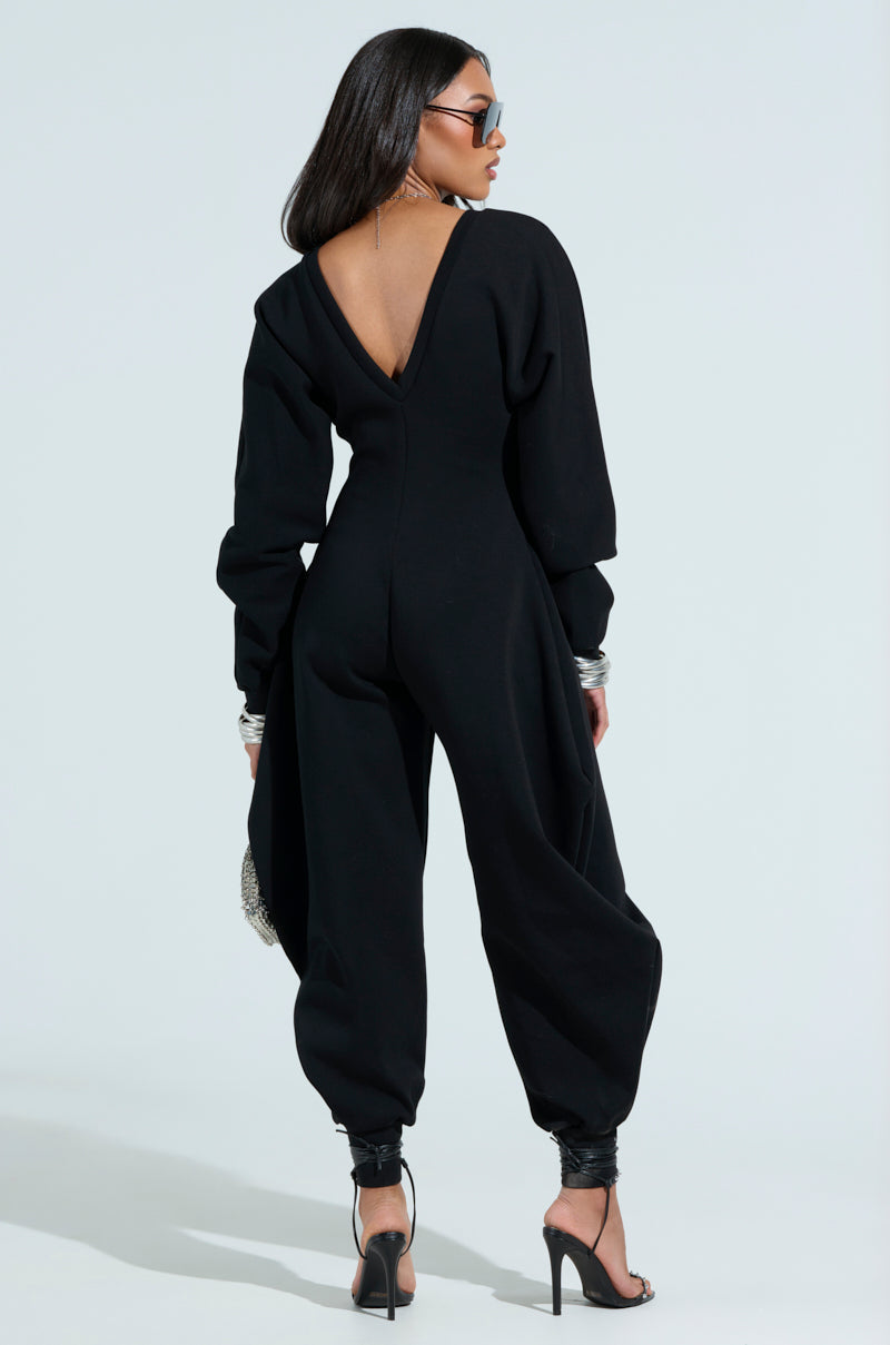 COMFY COZY SWEATSHIRT JUMPSUIT IN BLACK