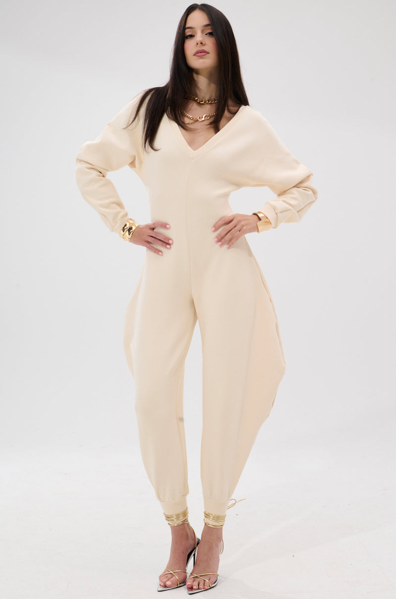 COMFY COZY SWEATSHIRT JUMPSUIT IN BONE