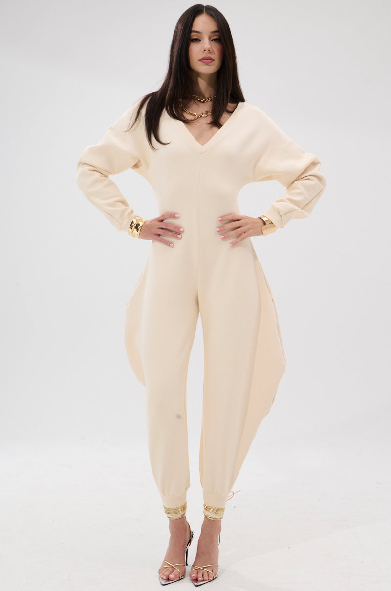 COMFY COZY SWEATSHIRT JUMPSUIT IN BONE