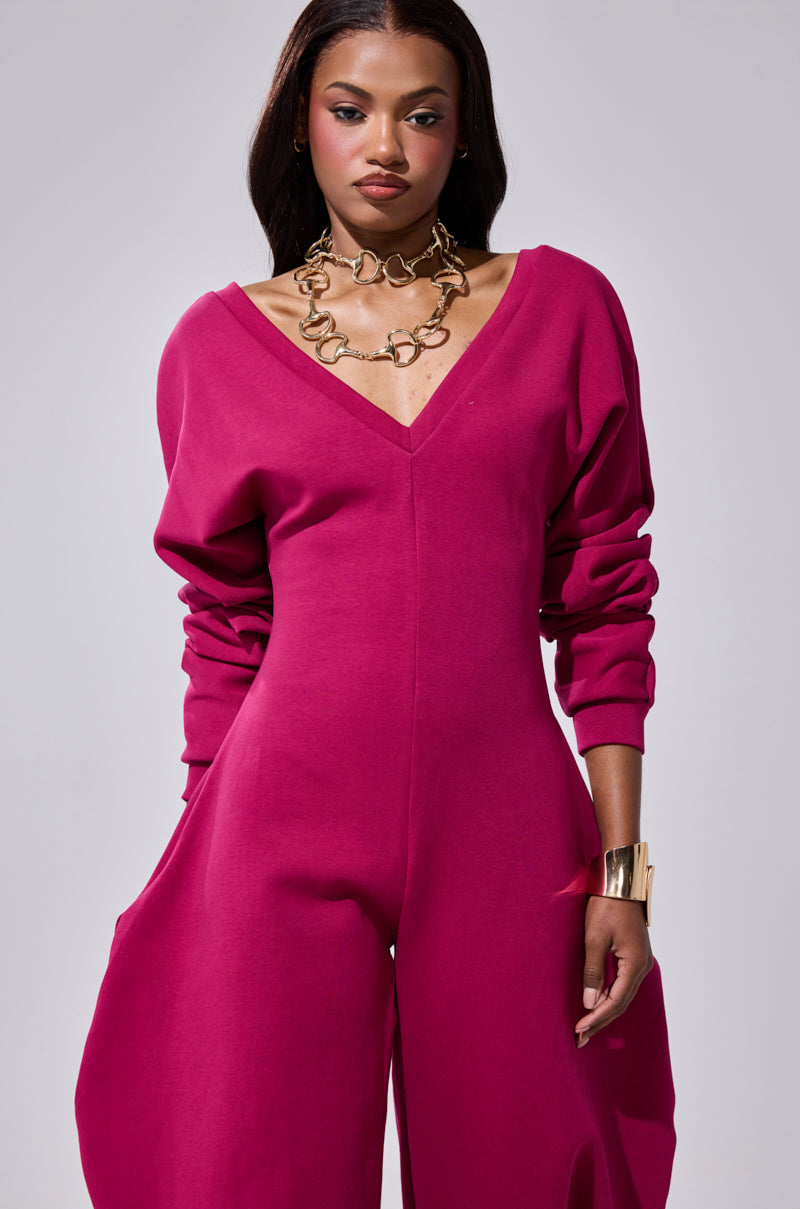 COMFY COZY SWEATSHIRT JUMPSUIT IN PLUM