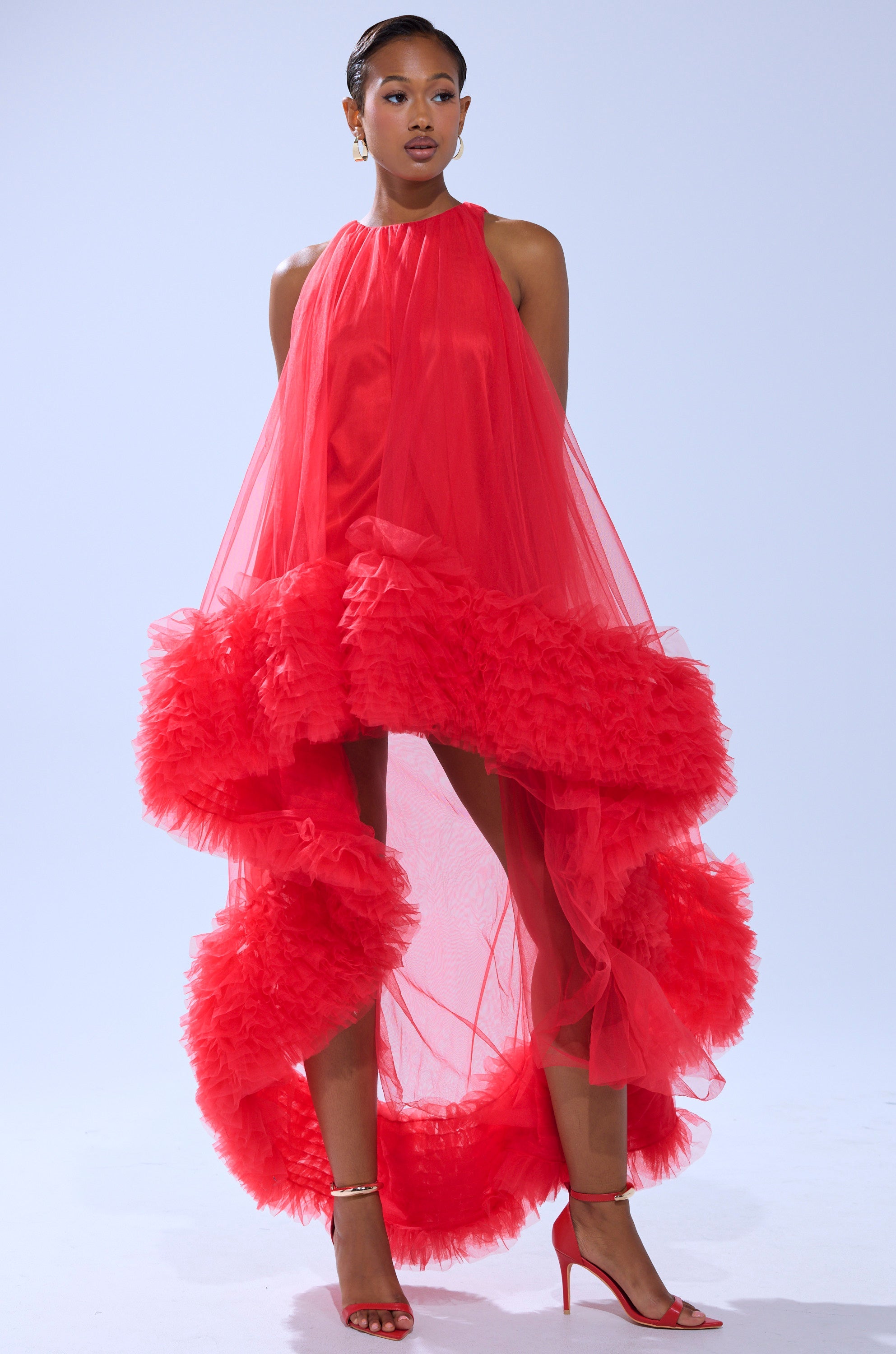 ARI TULLE RUFFLE HIGH LOW MINI DRESS IN RED