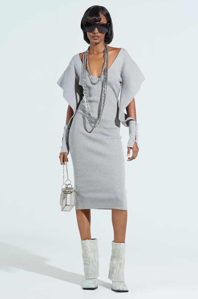 OFF TO BRUNCH KNIT MIDI DRESS IN HEATHER GREY