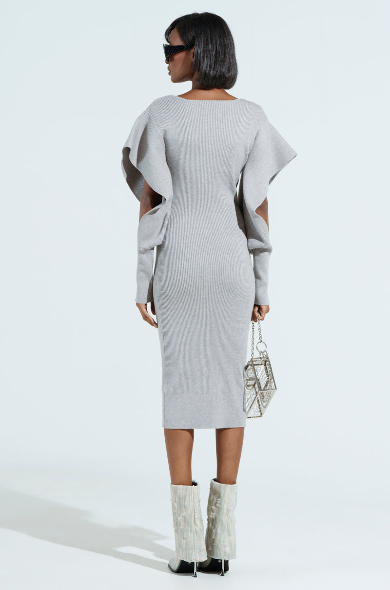 OFF TO BRUNCH KNIT MIDI DRESS IN HEATHER GREY