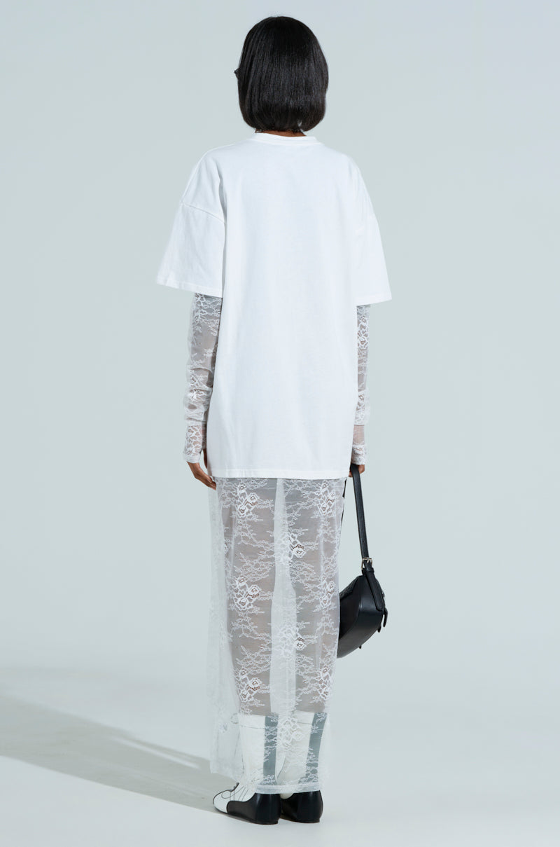 GIRLY BUT NOT LAYERED LACE MIDI DRESS IN WHITE