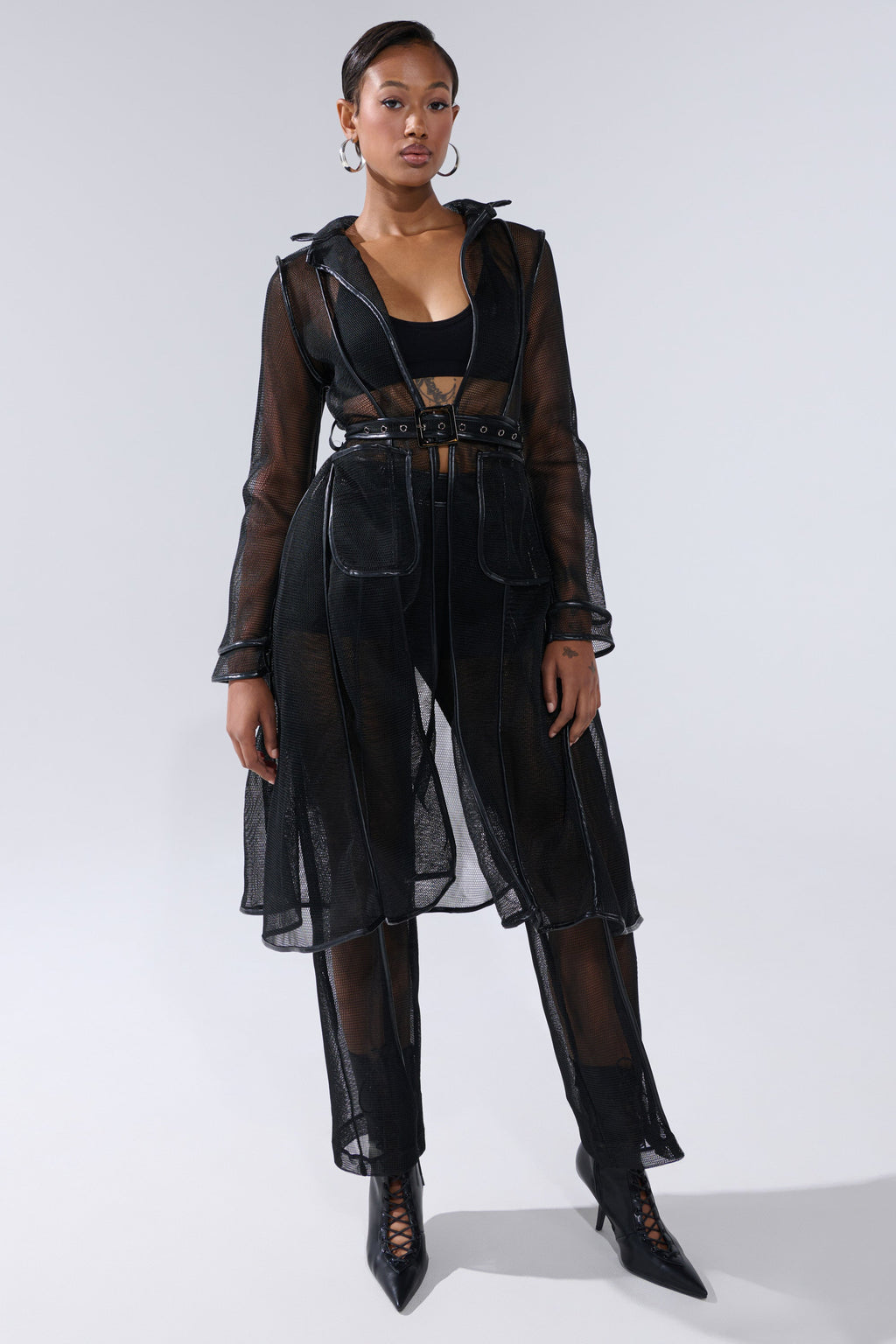 ONE TO WATCH MESH TRENCH IN BLACK