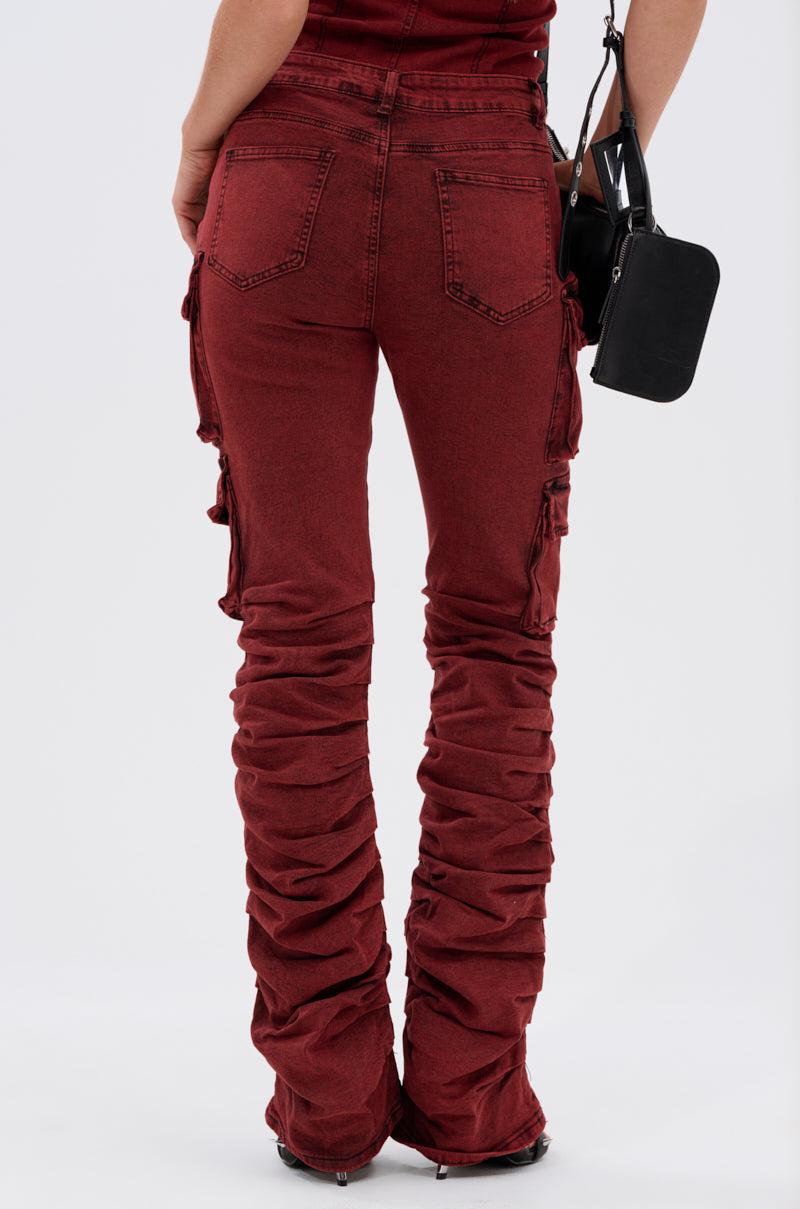 IT GETS EASIER STACKED CARGO PANT IN BURGUNDY