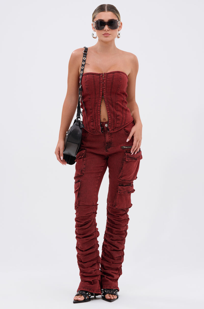 IT GETS EASIER STACKED CARGO PANT IN BURGUNDY