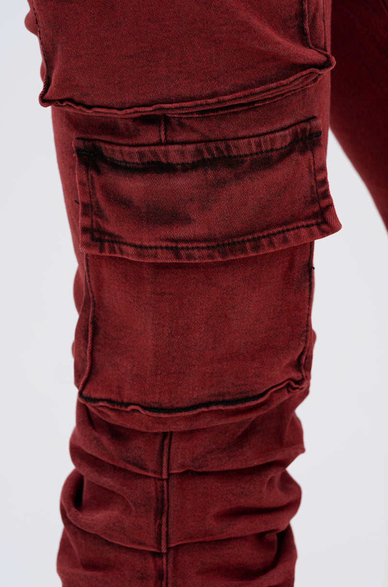 IT GETS EASIER STACKED CARGO PANT IN BURGUNDY