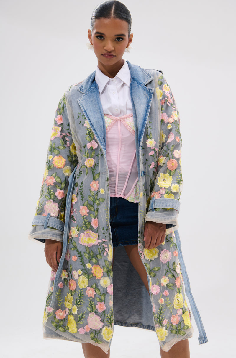 LIFE IN COLOR FLORAL DENIM TRENCH