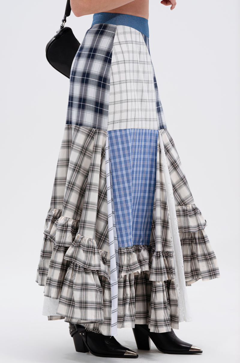 OUT OF ALIGNMENT PLAID MIDI SKIRT