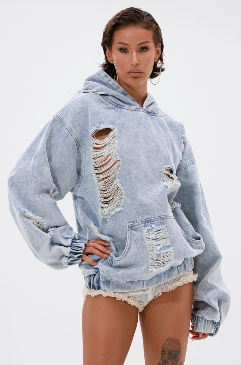 TRINITY DISTRESSED DENIM HOODIE