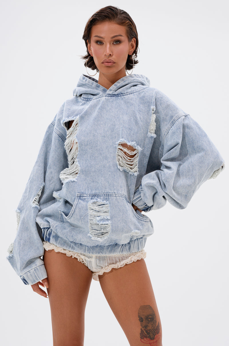 TRINITY DISTRESSED DENIM HOODIE