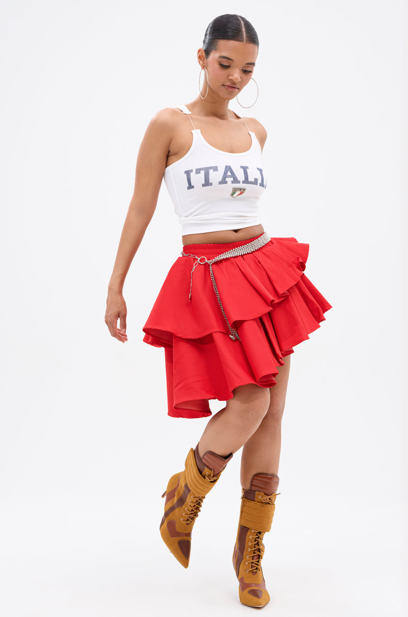 RUBY RED MINI PLEATED SKIRT