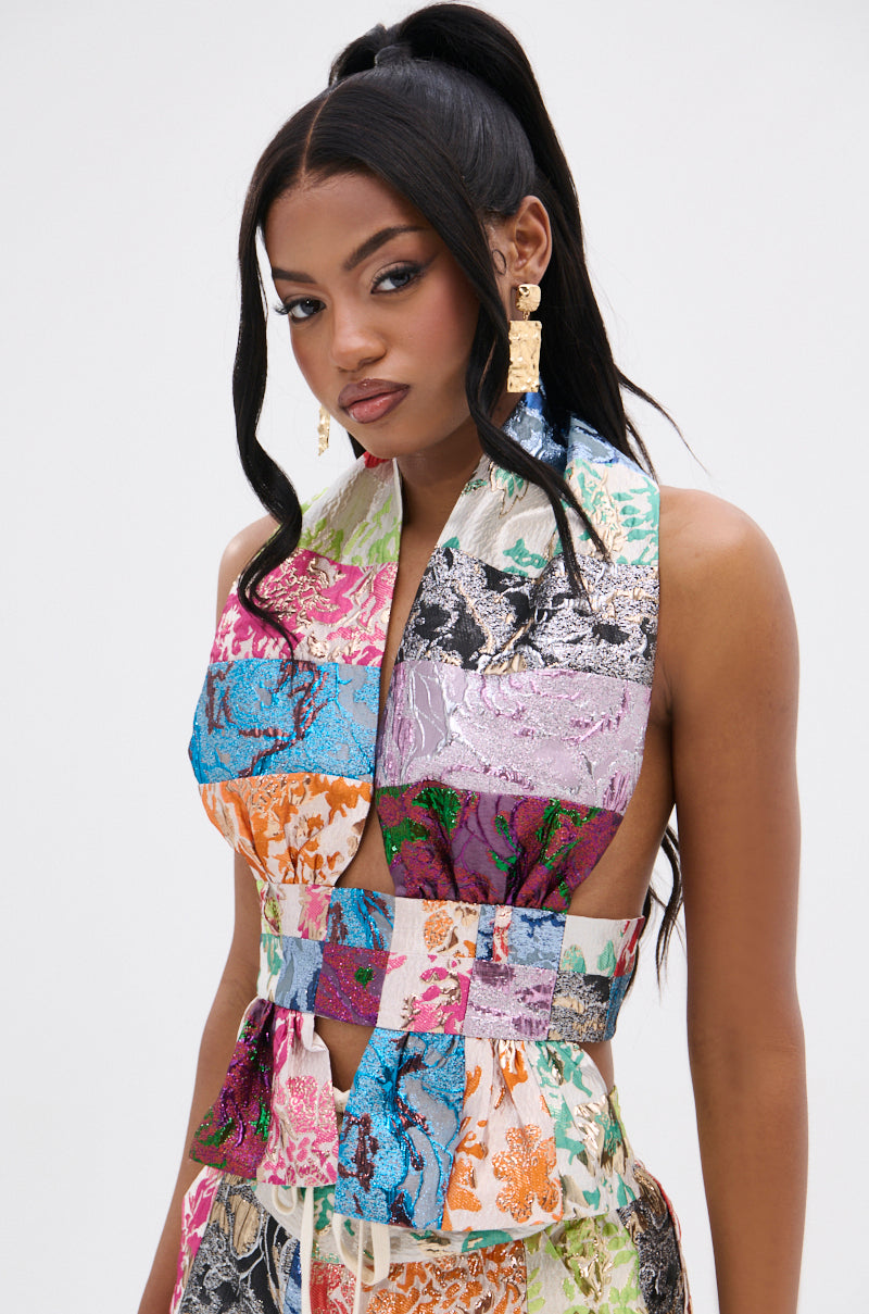 MIXED FEELINGS BROCADE HALTER BLOUSE