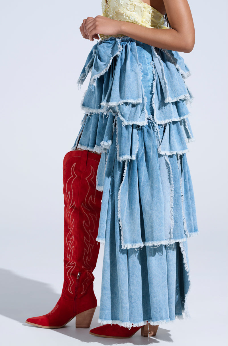 DISTRESSED TIERED ASYMMETRIC MIDI SKIRT