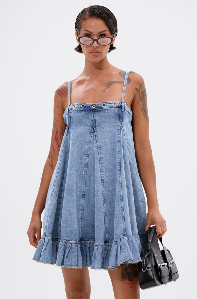 PLEATED UP MINI DRESS IN DENIM