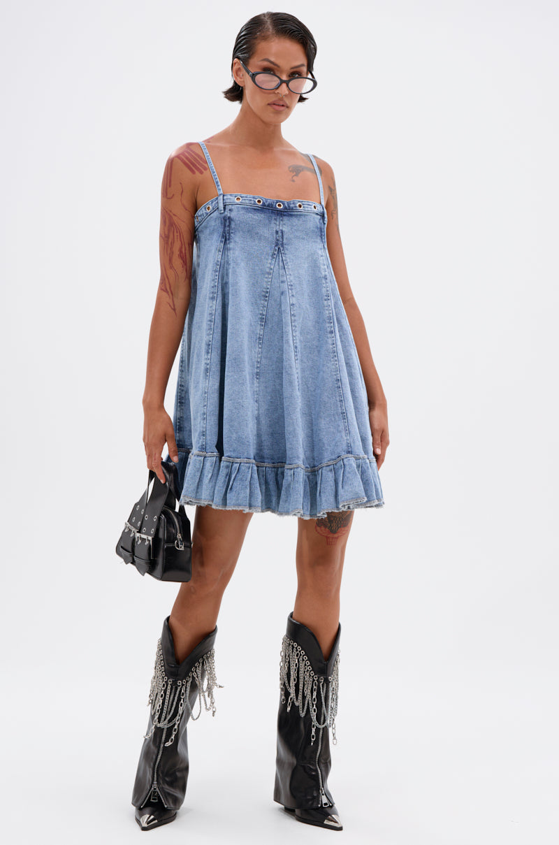 PLEATED UP MINI DRESS IN DENIM