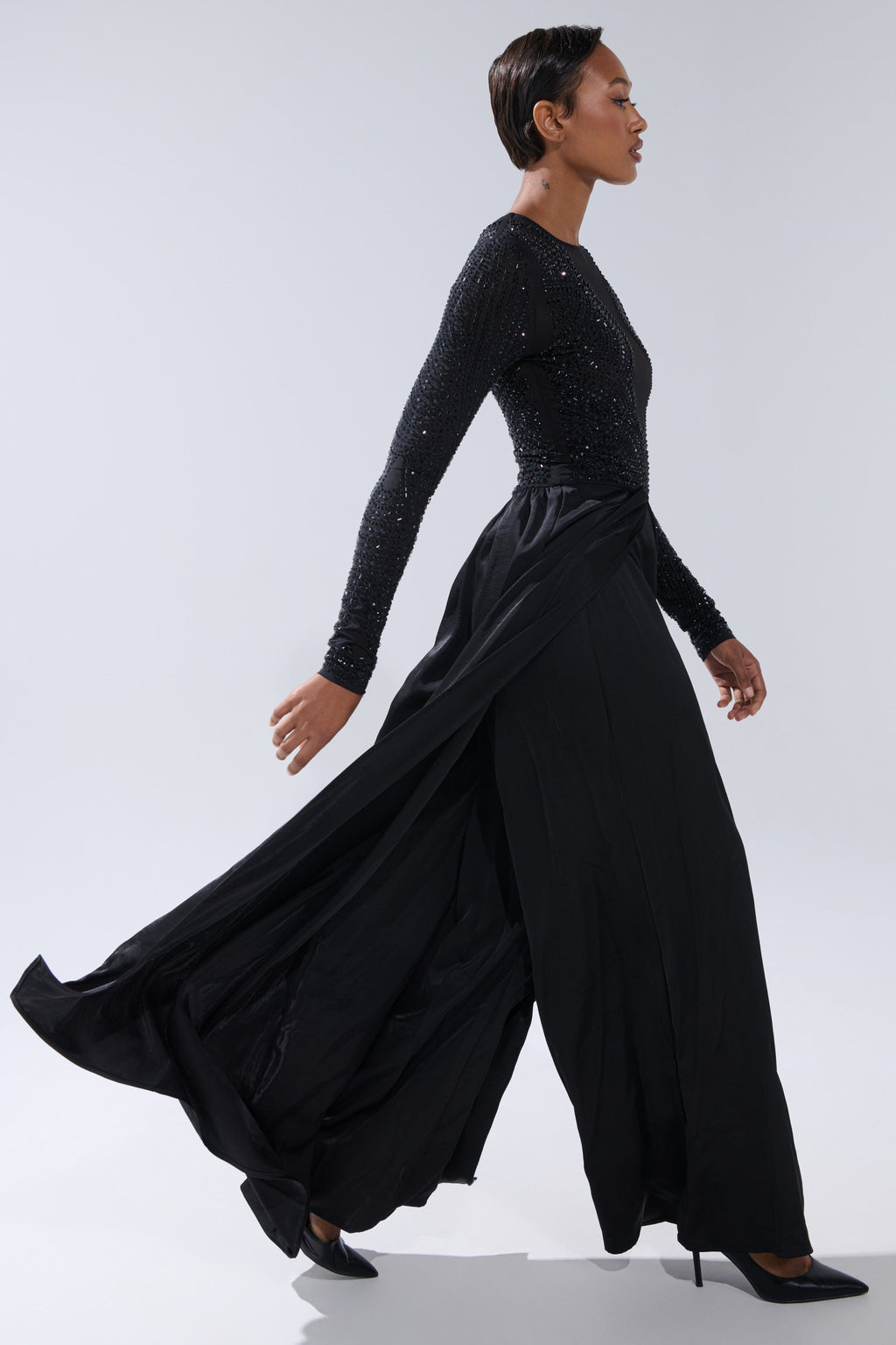 MONACO SATIN MESH JUMPSUIT WITH RHINESTONES