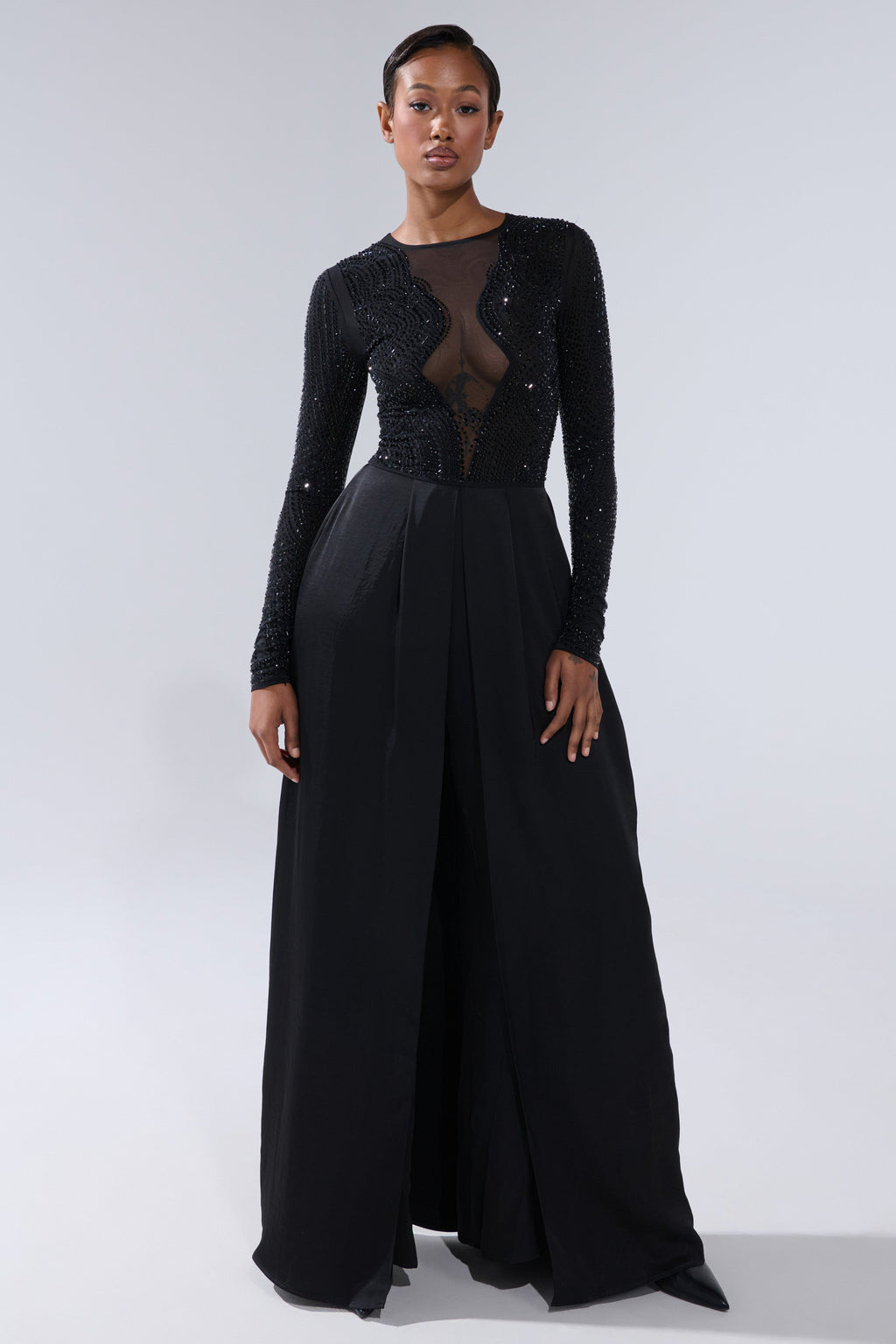 MONACO SATIN MESH JUMPSUIT WITH RHINESTONES