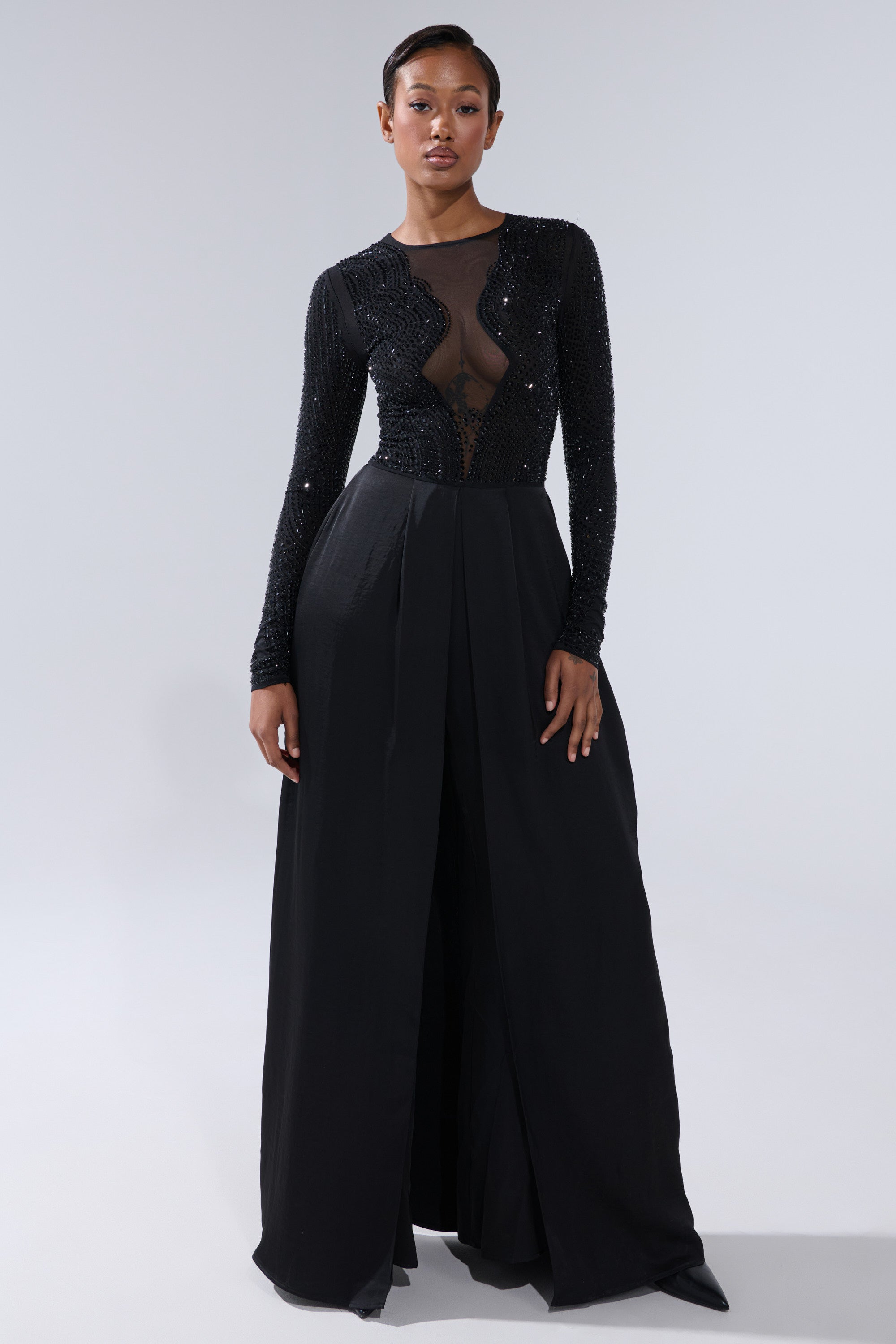 MONACO SATIN MESH JUMPSUIT WITH RHINESTONES