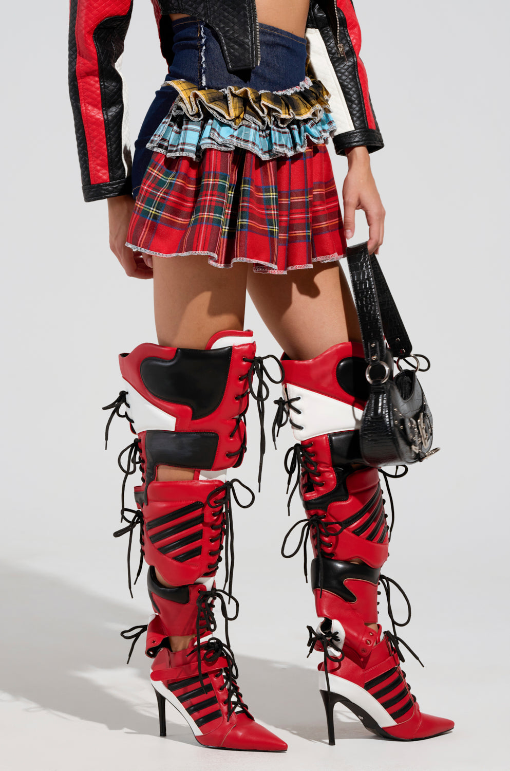 CALL ME BACK DENIM SKIRT WITH PLAID DETAIL