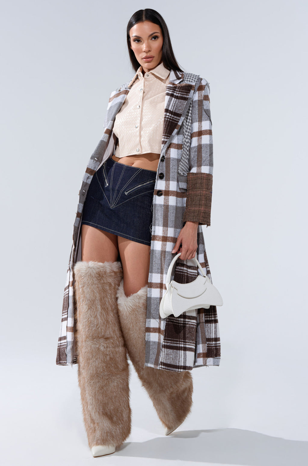 MIXED PLAID NOT FEELINGS PATCHWORK TRENCH