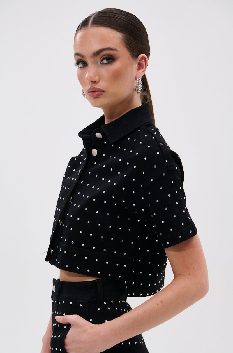 ITS GIVING DENIM RHINESTONE BUTTON DOWN
