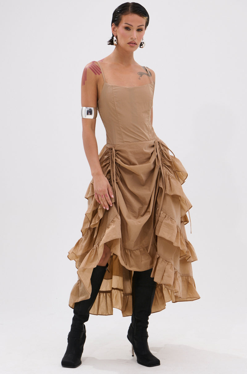 ADDED DRAMA RUFFLED MIDI DRESS IN KHAKI