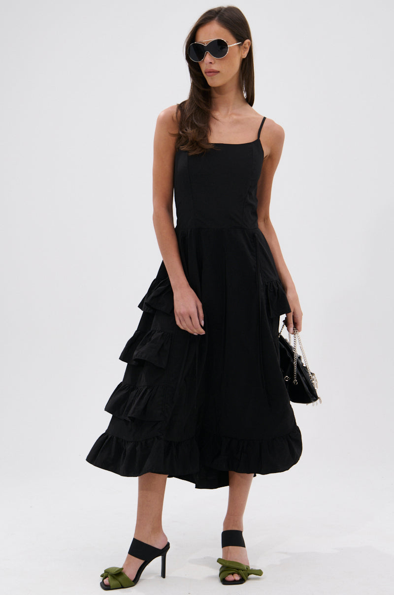ADDED DRAMA RUFFLED MIDI DRESS IN BLACK