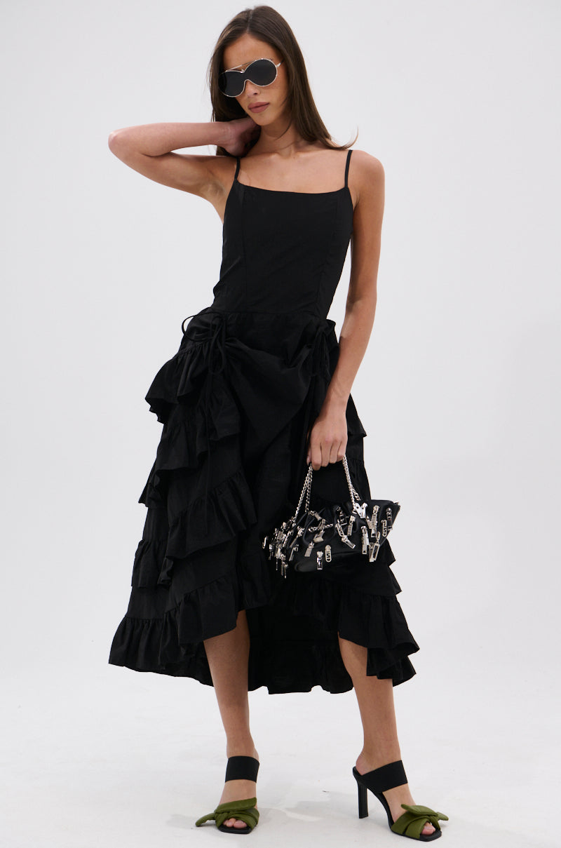 ADDED DRAMA RUFFLED MIDI DRESS IN BLACK