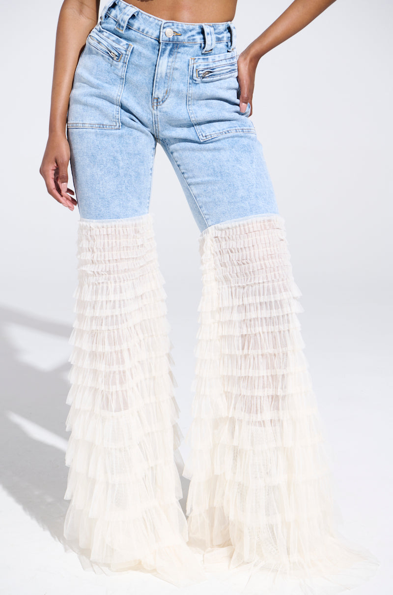 LOOK AT ME GO DENIM PANT WITH RUFFLE BOTTOM