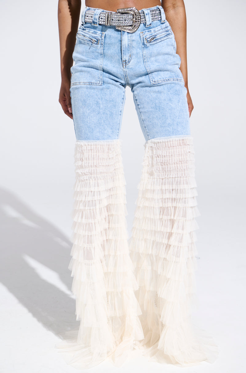 LOOK AT ME GO DENIM PANT WITH RUFFLE BOTTOM