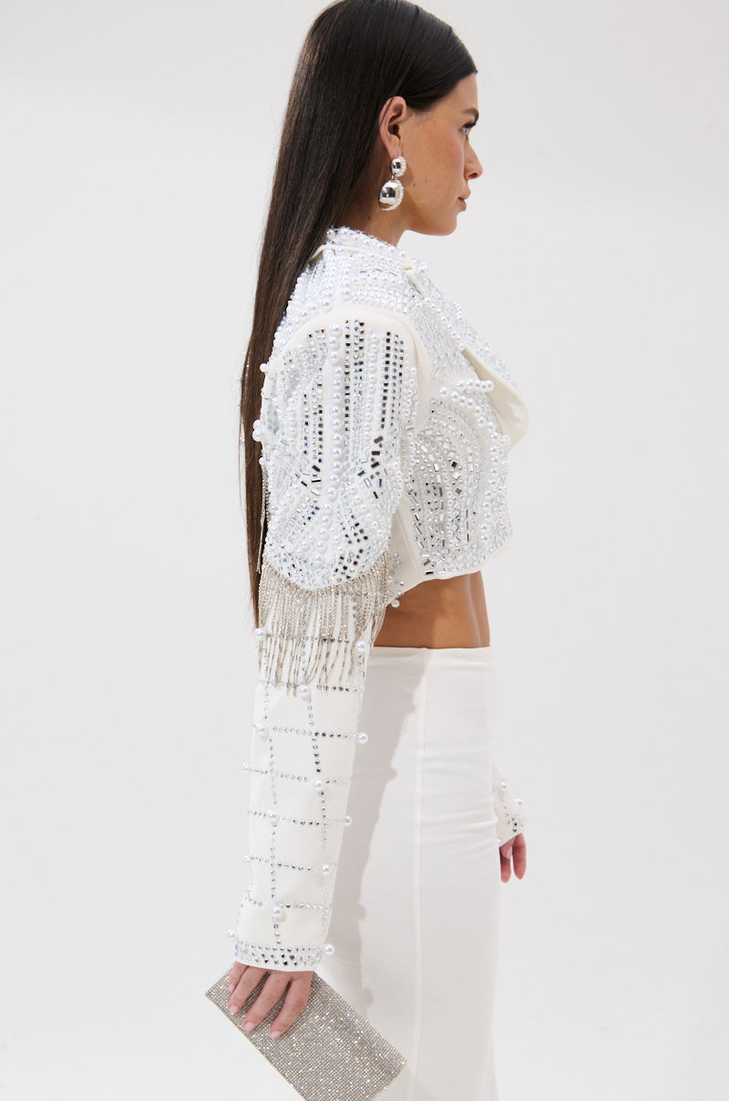 DIRTY MARTINI EMBELLISHED BLAZER IN WHITE