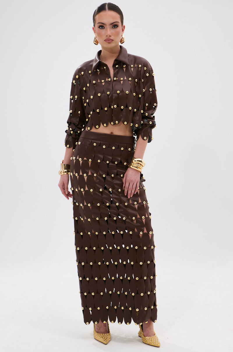 SNEAK PEEK STUDDED PU MIDI SKIRT IN BROWN