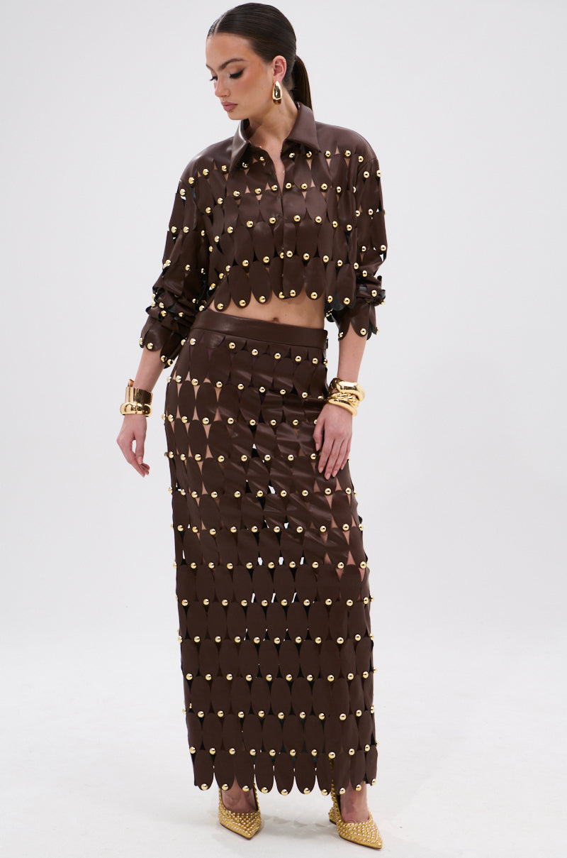 SNEAK PEEK STUDDED PU MIDI SKIRT IN BROWN