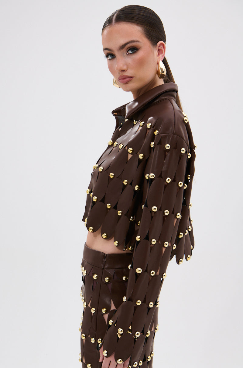 SNEAK PEEK STUDDED PU CROP CARDIGAN IN BROWN