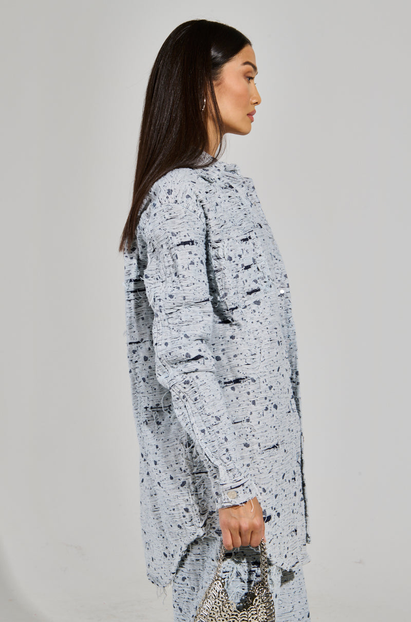 NEVER LOSE ME DISTRESSED BUTTON DOWN LIGHT BLUE DENIM SHIRT