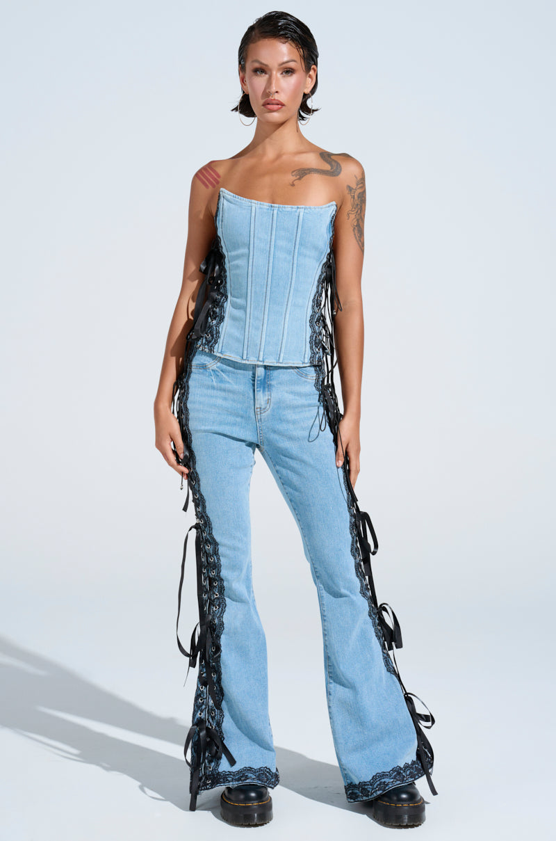 TICKED AND TIED LACE DETAIL DENIM CORSET