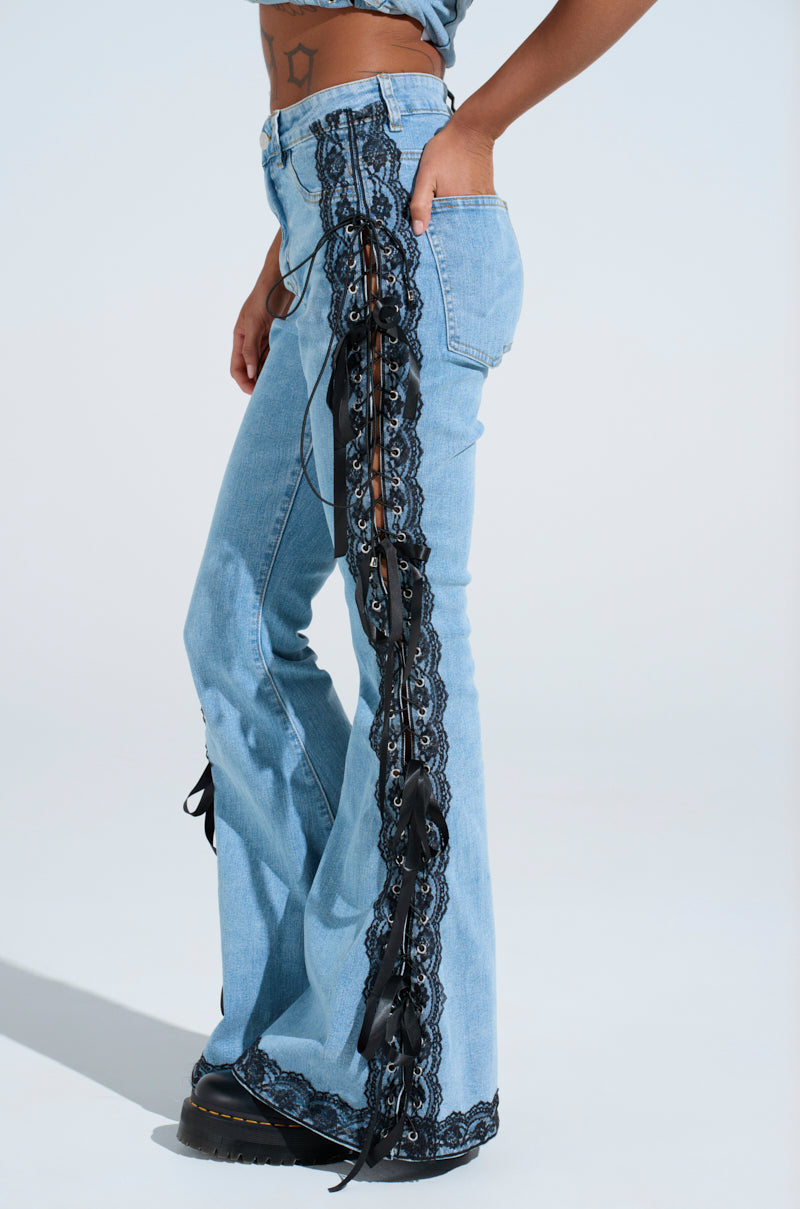 TICKED AND TIED LACE AND BOW DETAIL DENIM PANTS