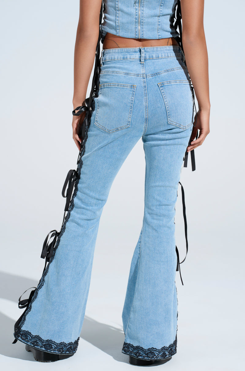 TICKED AND TIED LACE AND BOW DETAIL DENIM PANTS