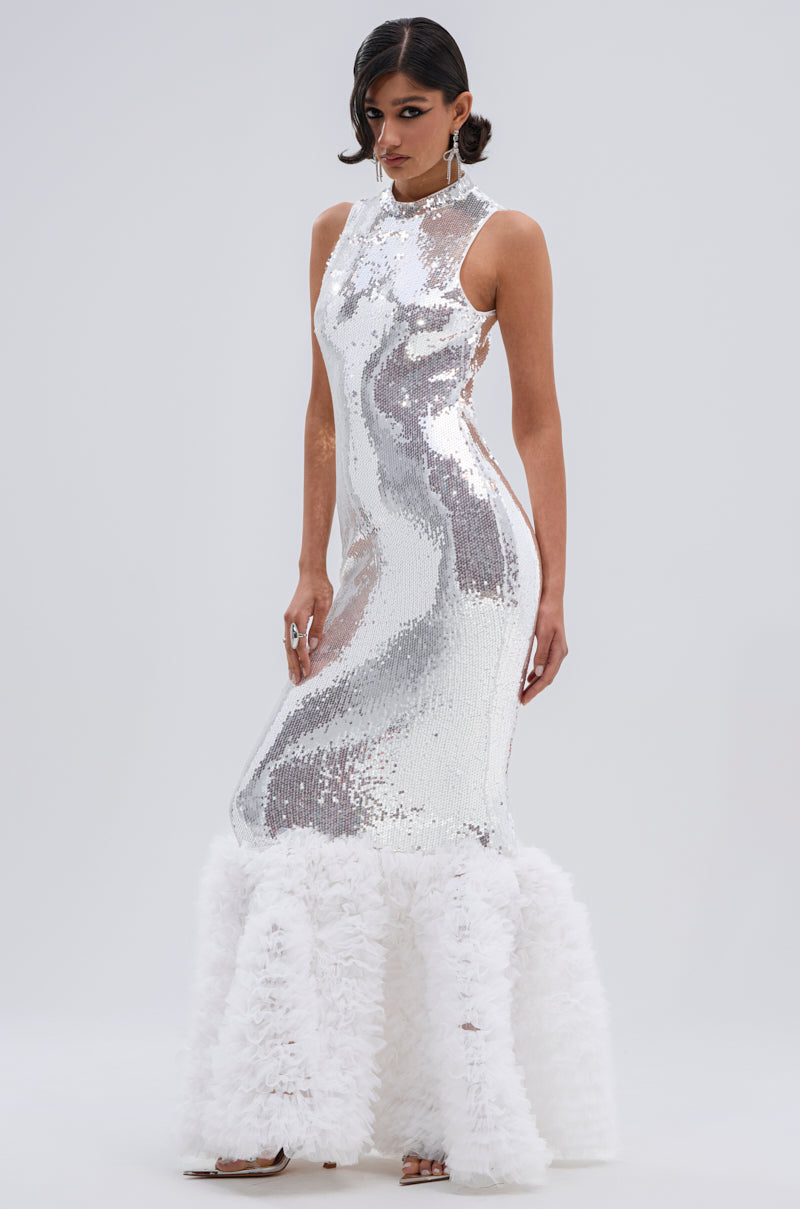 BELLE OF THE BALL SEQUIN RUFFLE MAXI DRESS IN WHITE