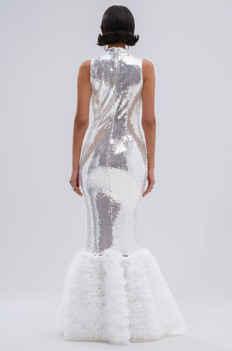 BELLE OF THE BALL SEQUIN RUFFLE MAXI DRESS IN WHITE