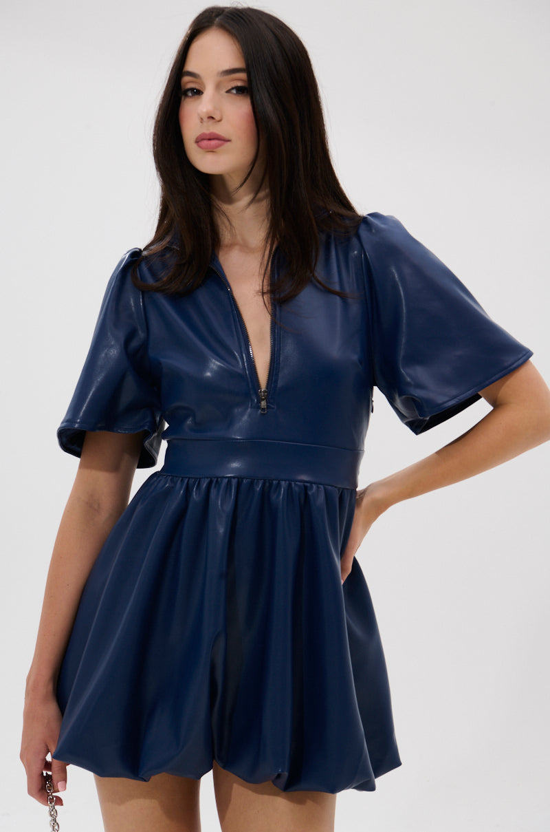 LALA LOVE YOU PU MINI DRESS IN NAVY