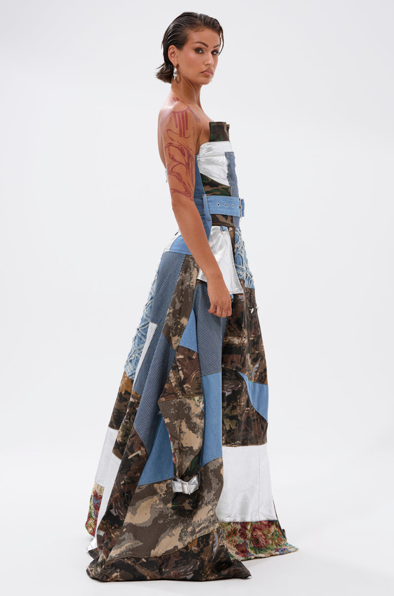 STRAPLESS TRENCH MAXI DRESS WITH PATCHWORK DETAIL