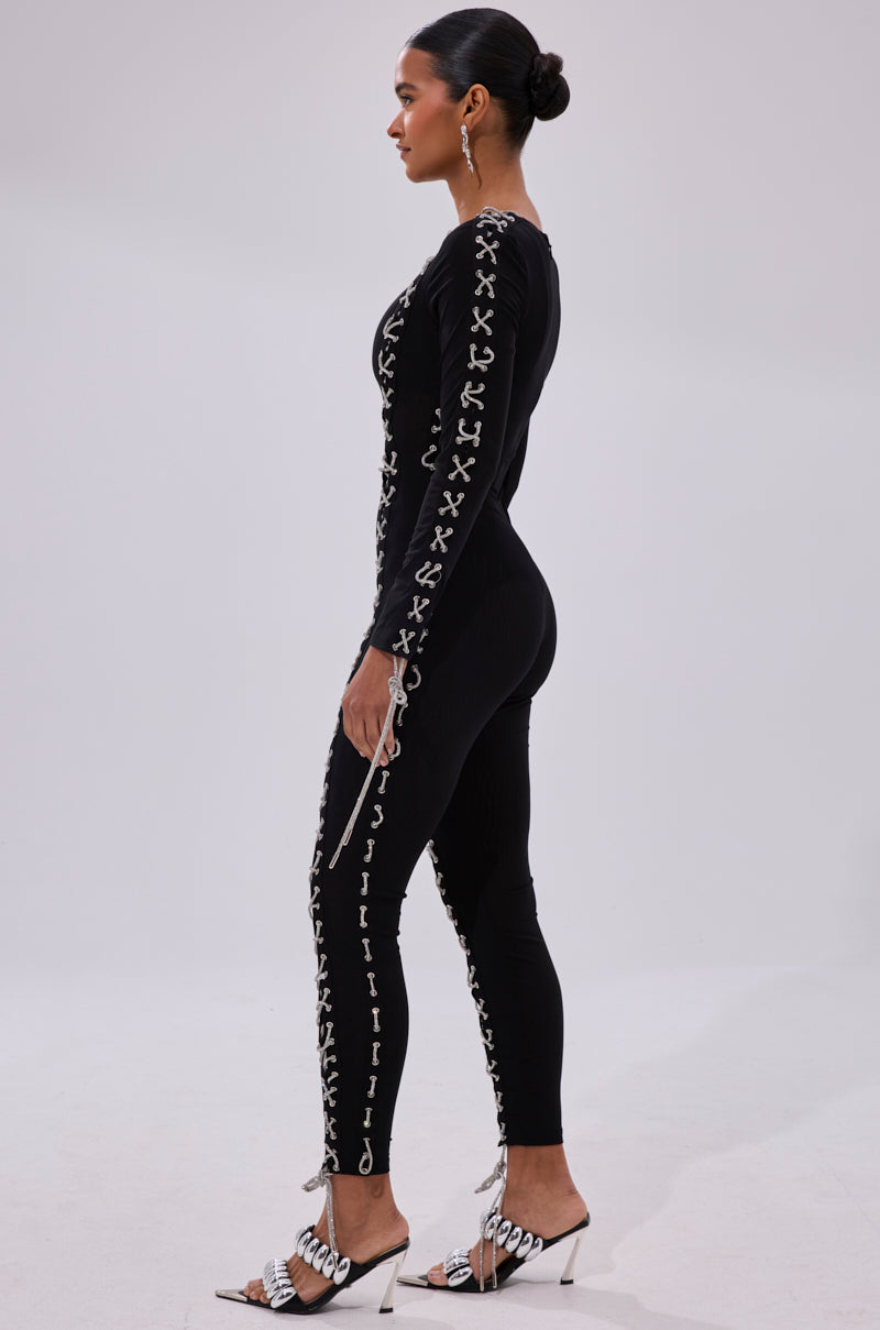 LACE IT UP MESH JUMPSUIT WITH RHINESTONE DETAIL